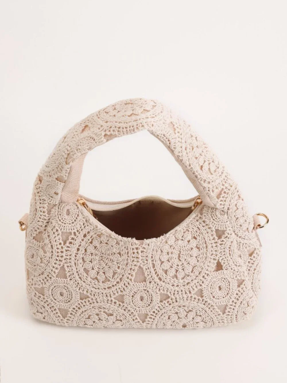 Bohemian Crochet Lace Shoulder Bag, Ivory Floral Hobo Bag, Embroidered Handbag